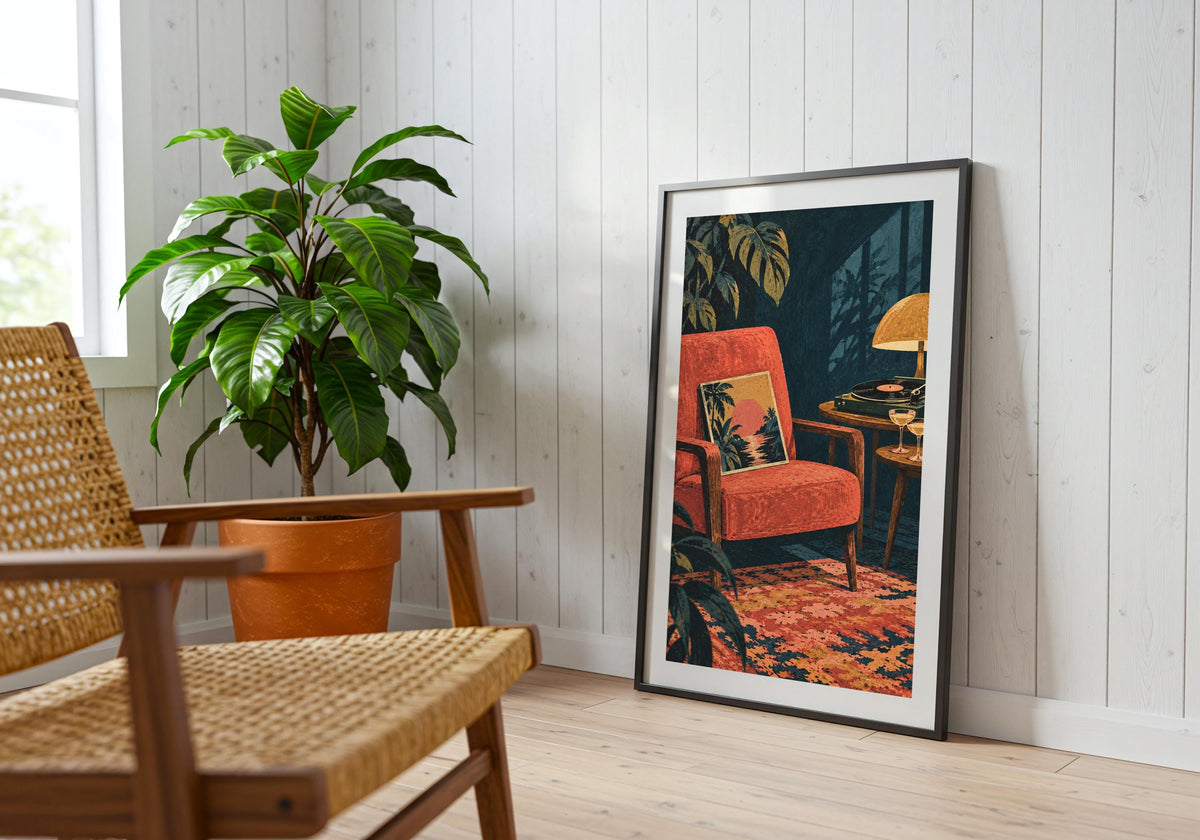 Placed on the floor beside a woven chair and plant, the artwork shows the two drinks beside the turntable.