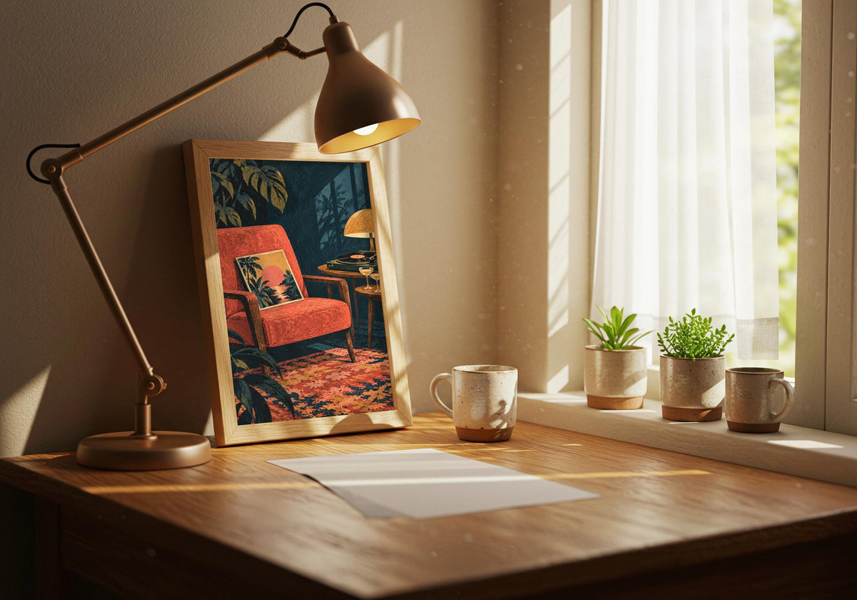 The room image includes the framed record picture in a frame on a wooden desk beneath a task lamp.