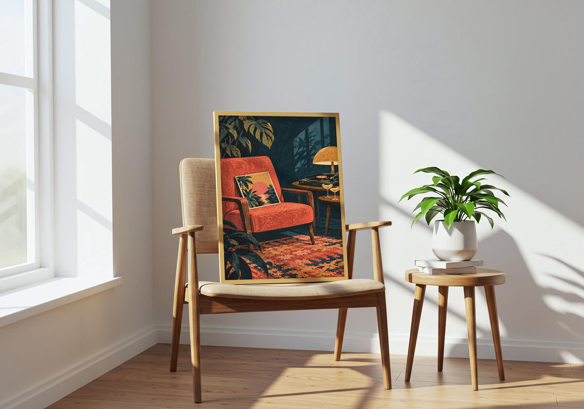 Shown on a wooden chair beside a plant table, the illustration features the moody listening corner.