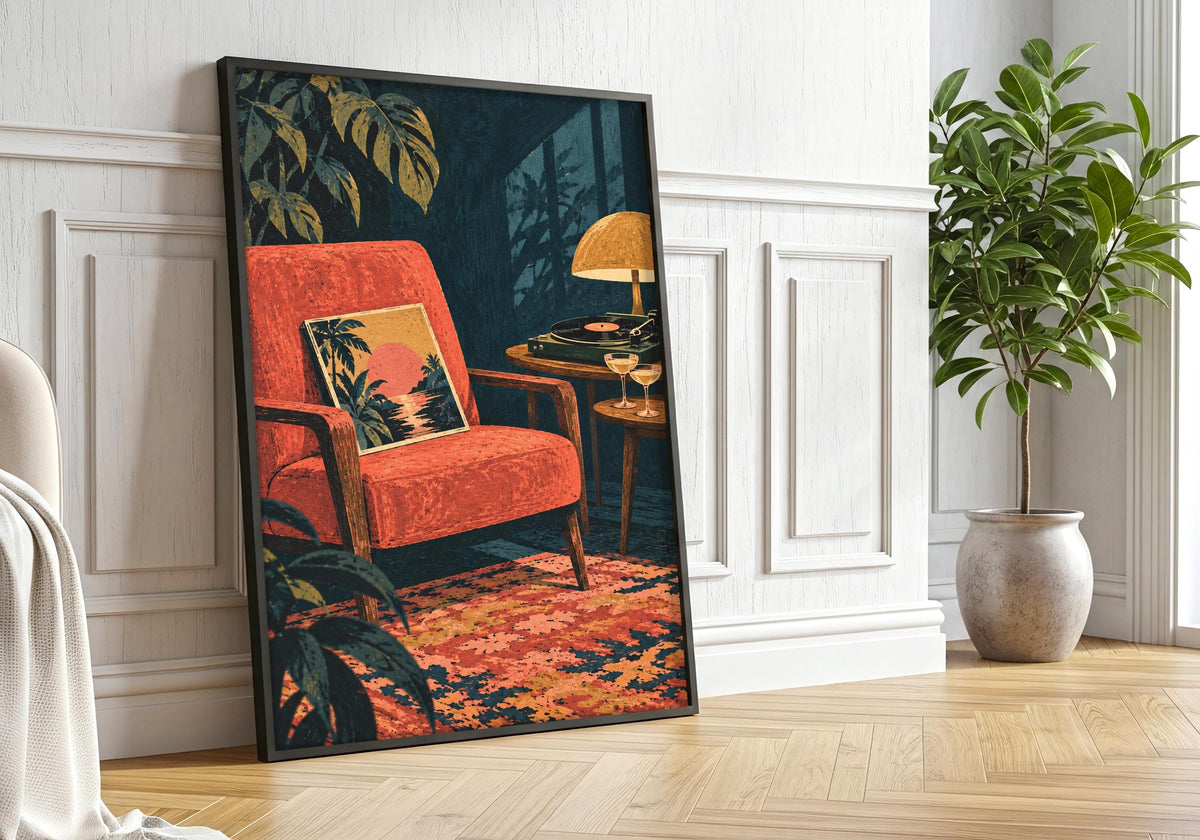 This interior presents the warm lamp above the drinks in a portrait frame against white panelling beside a large potted tree.