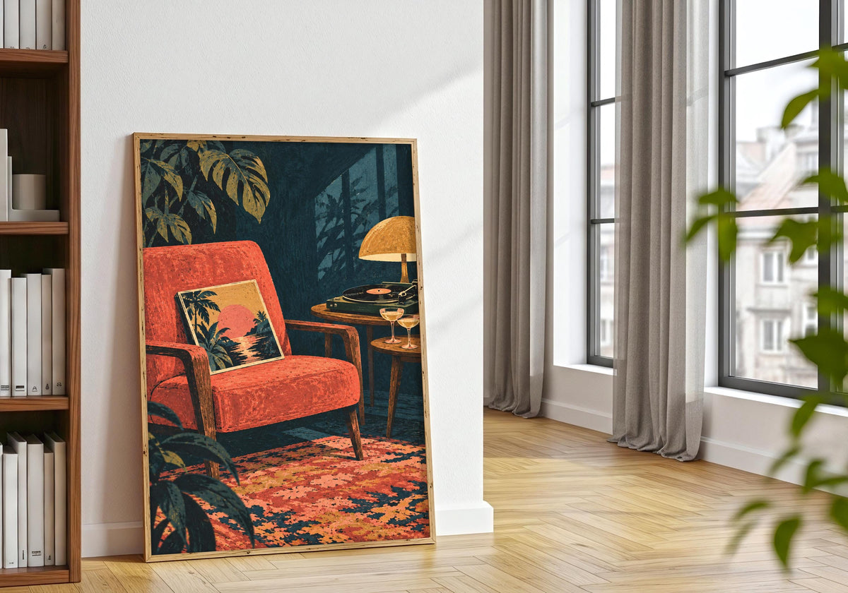 The styling pairs the layered music-room illustration with a frame on the floor near bookshelves and tall windows.