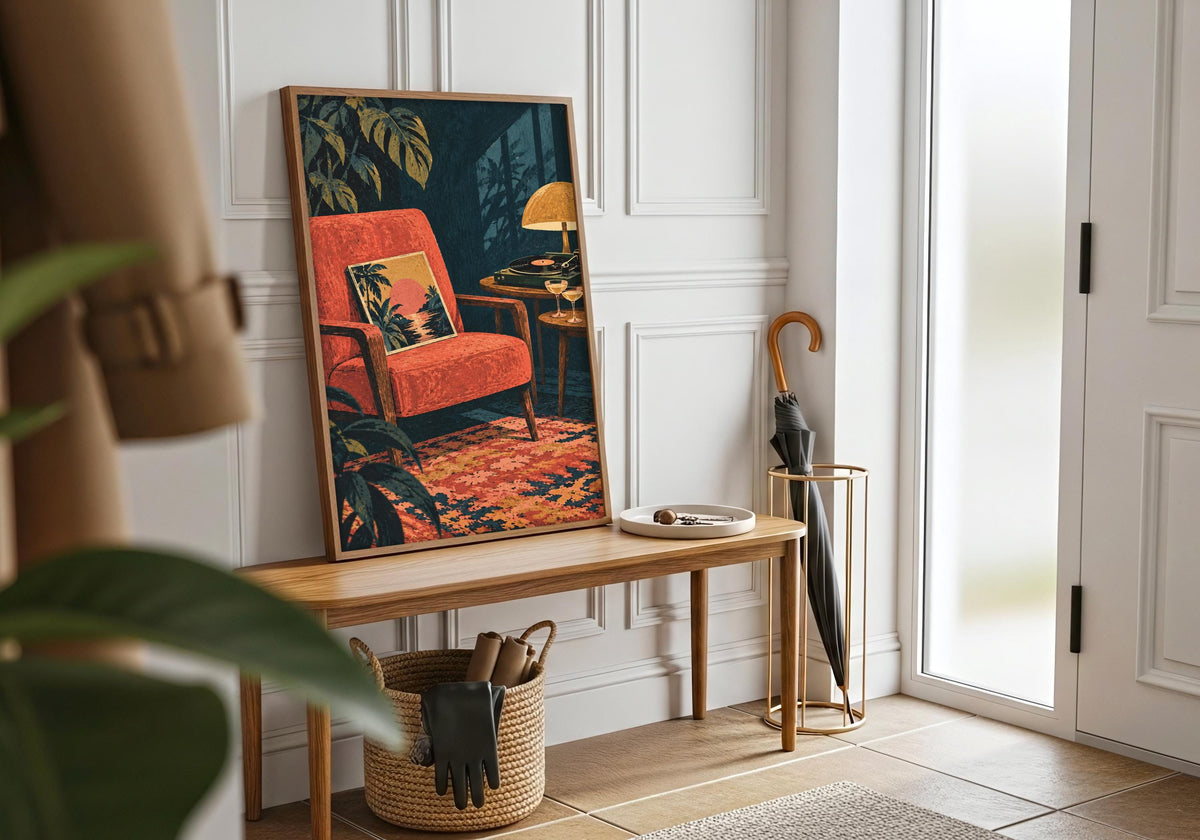 The final room mockup features the turntable beside the chair in the artwork on a hallway bench beside a closed umbrella.