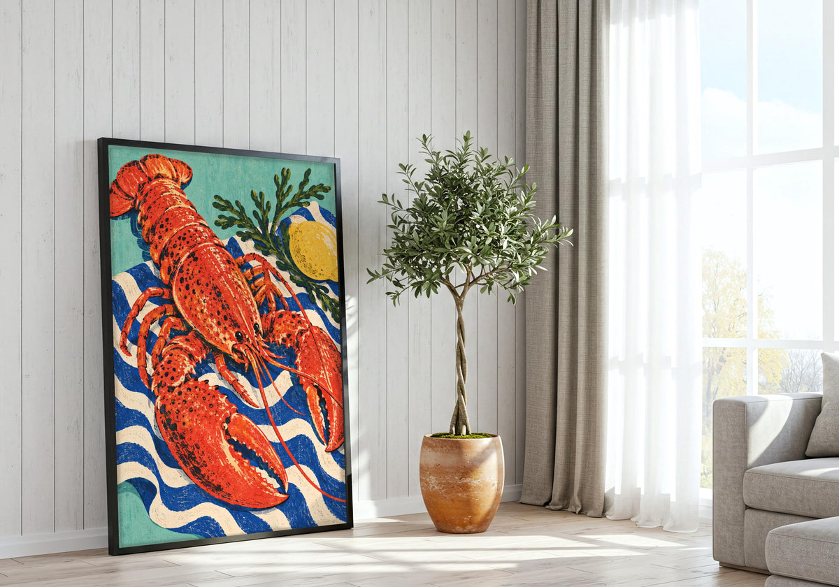 Placed on the floor beside a bright window and potted tree, the artwork shows the blue-and-white wavy cloth.