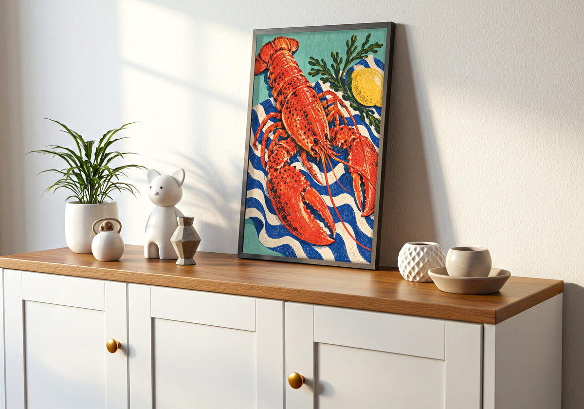The room image includes a lemon beside the seafood in a frame on a white cabinet with a wooden top.