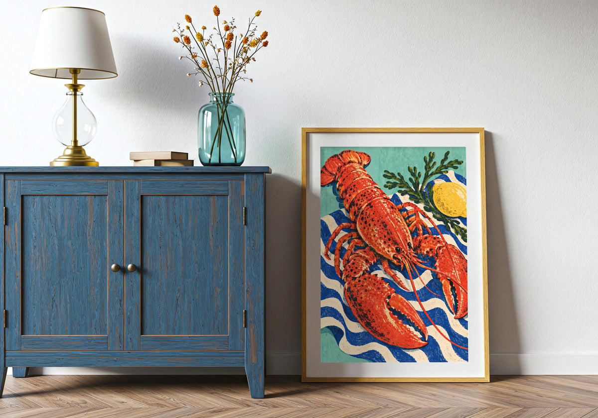 Shown on the floor beside a blue cabinet, the illustration features leafy stems against teal.
