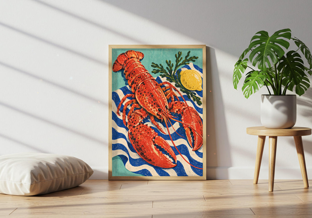 Here, the print of the graphic coastal still life sits beside a plant table and floor cushion.