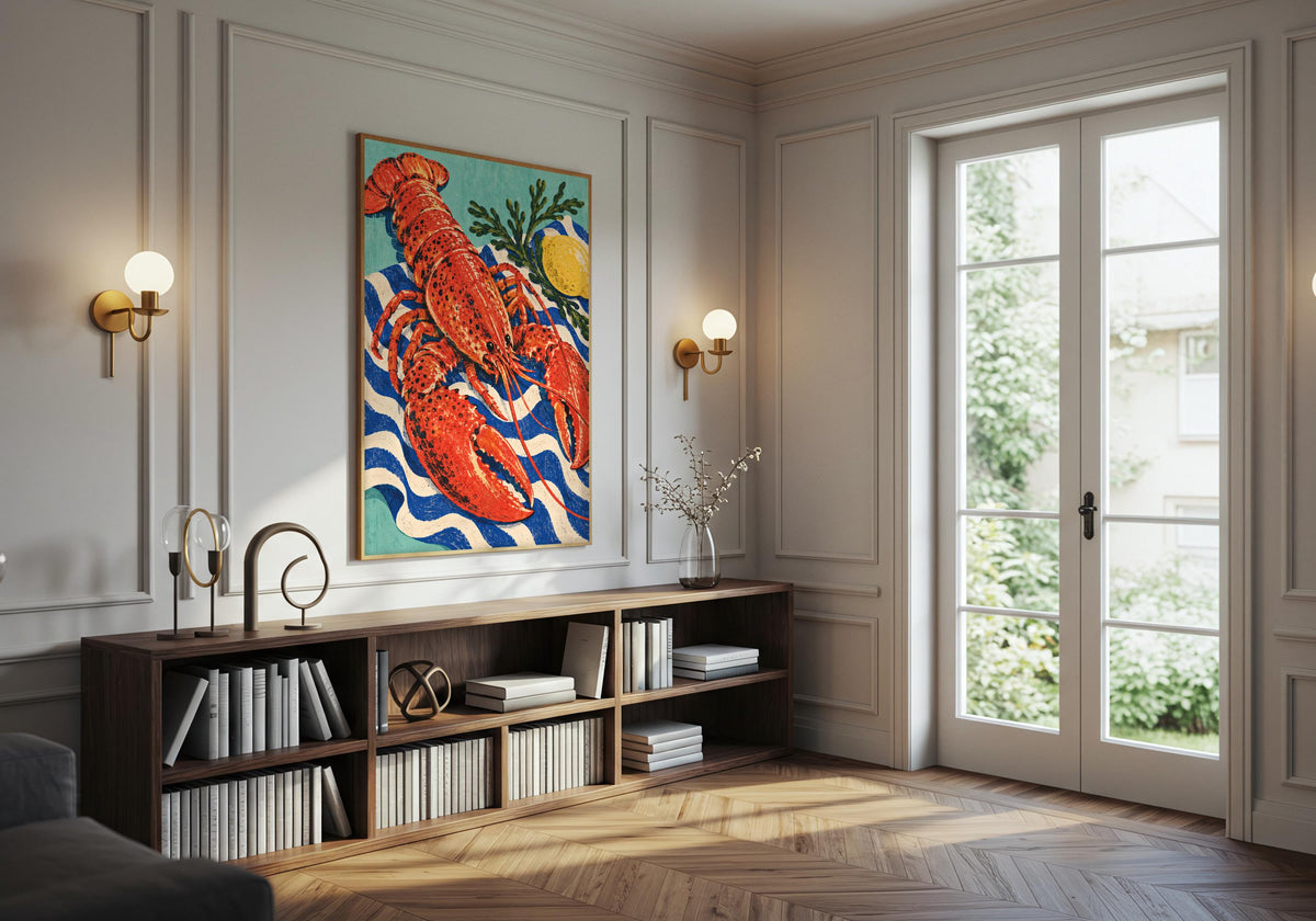 See the patterned fabric beneath the shell in the framed artwork on a panelled wall above a record cabinet.