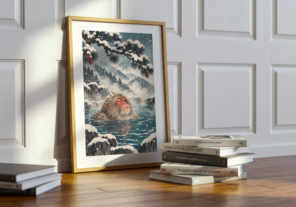 Here, the print of the winter wildlife scene sits on a table beside stacked books.