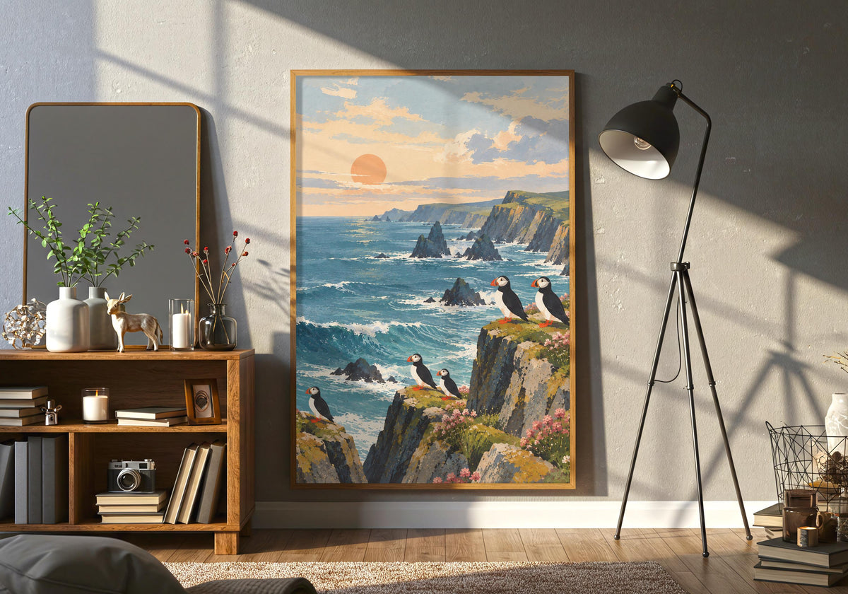 This interior presents the orange sun above the horizon in a portrait frame near an open shelf and black floor lamp.