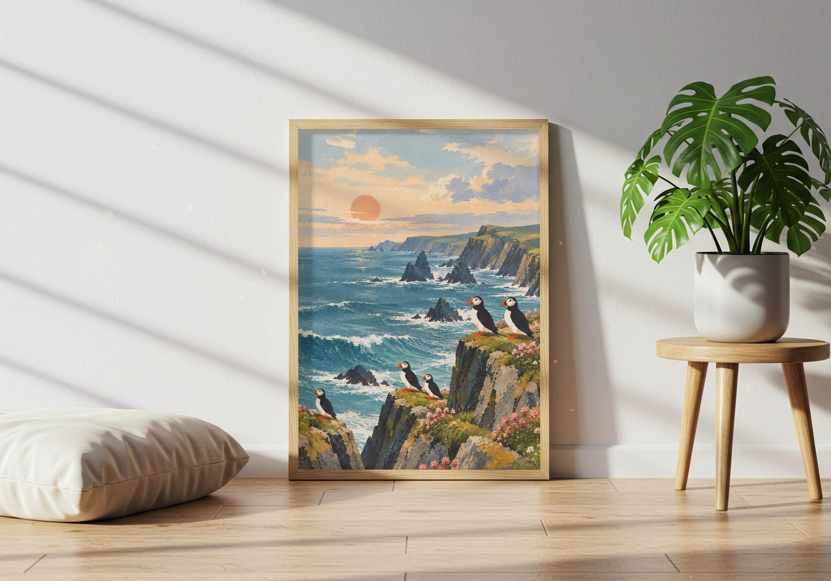 Here, the print of the painterly cliff-top wildlife sits beside a plant table and floor cushion.