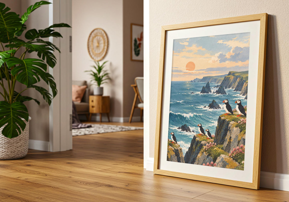 The styling pairs waves below the cliff edge with a frame on a wooden floor beside green houseplants.