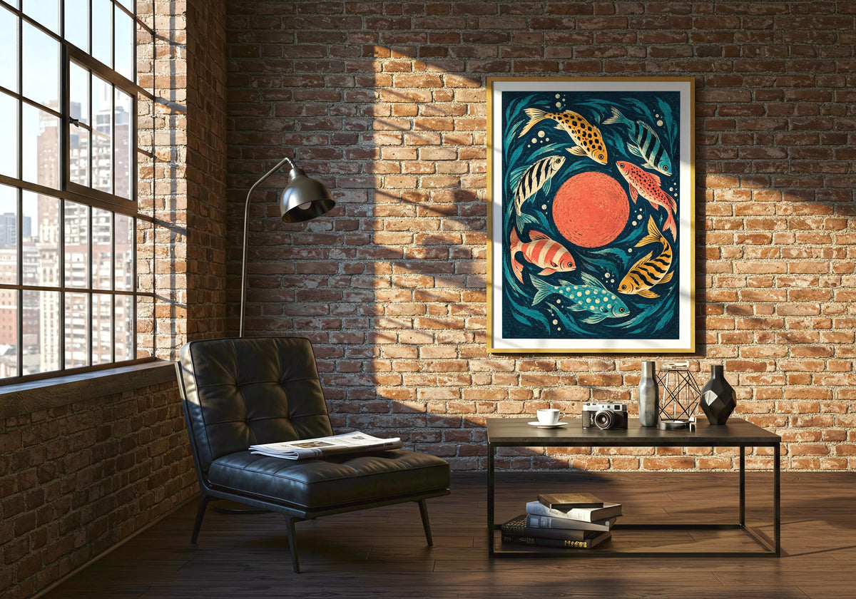 Shown on a brick wall above a black chair, the illustration features curving fish bodies and fins.