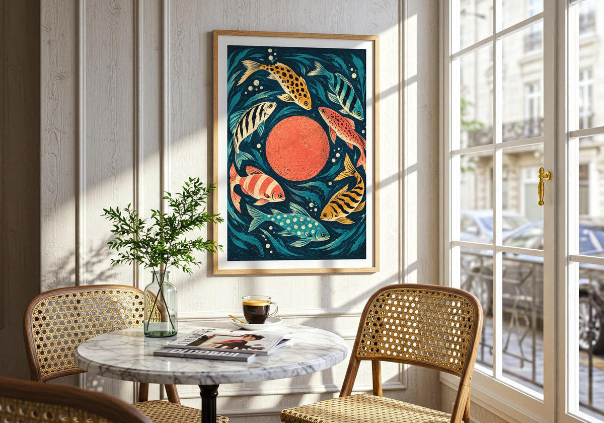 An interior view displays the deep teal marine background on the wall beside a round marble dining table.