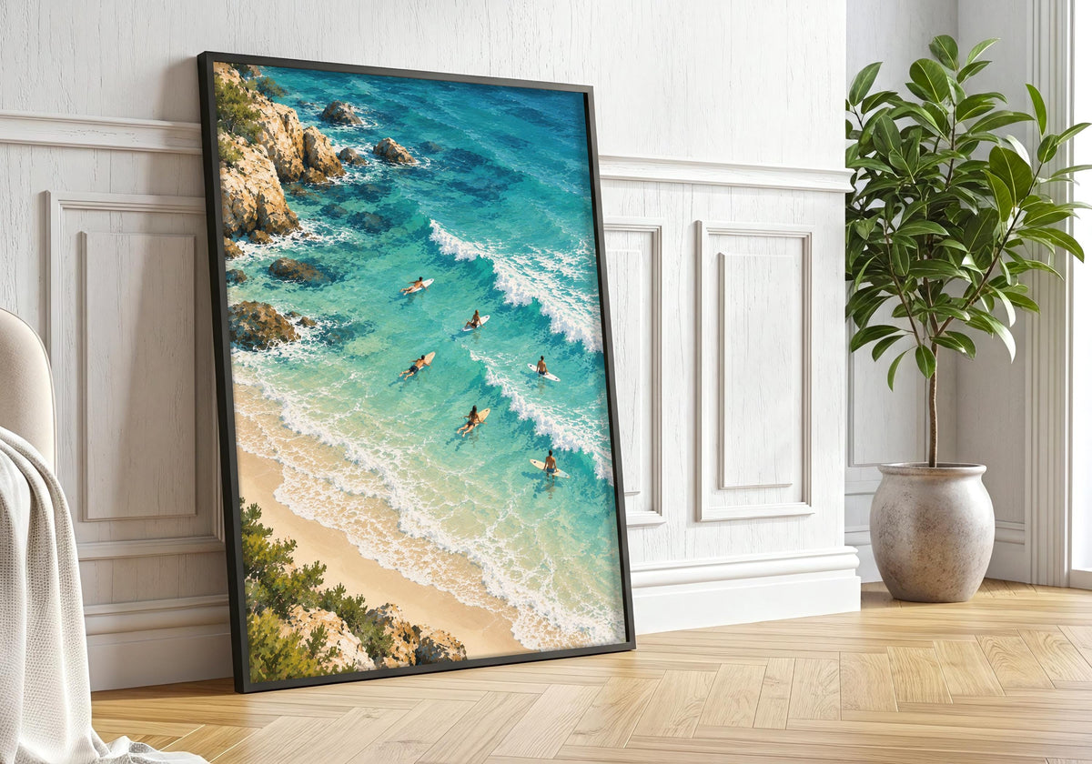 This interior presents bands of sunlit blue water in a portrait frame against white panelling beside a large leafy tree.