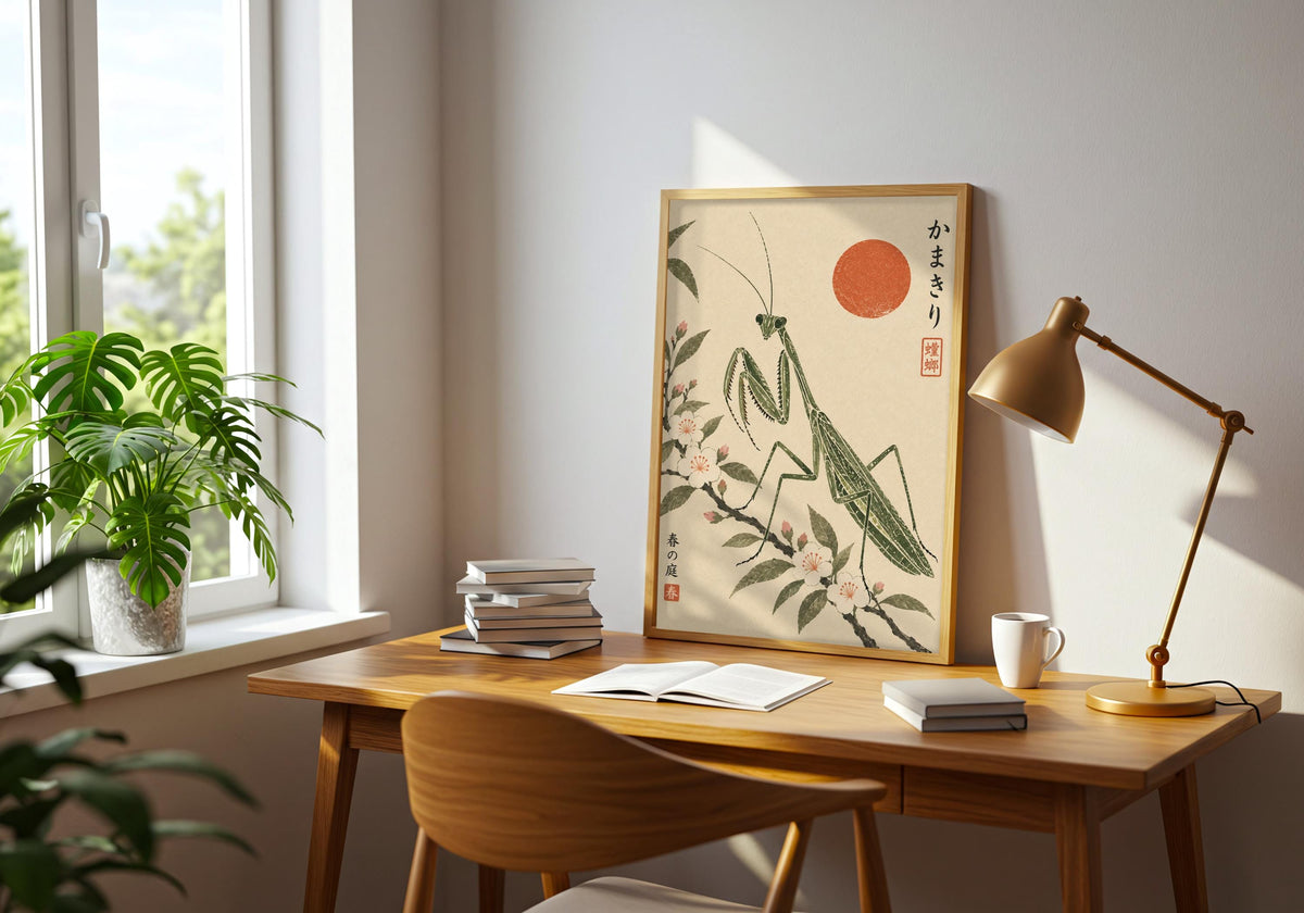 The room image includes the red sun above the insect in a frame on a desk beside a brass task lamp.