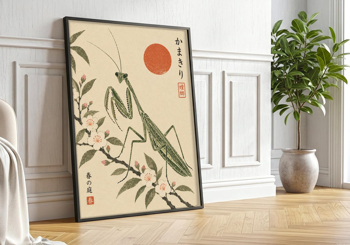 This interior presents the mantis’s long folded limbs in a portrait frame against white panelling beside a large leafy tree.