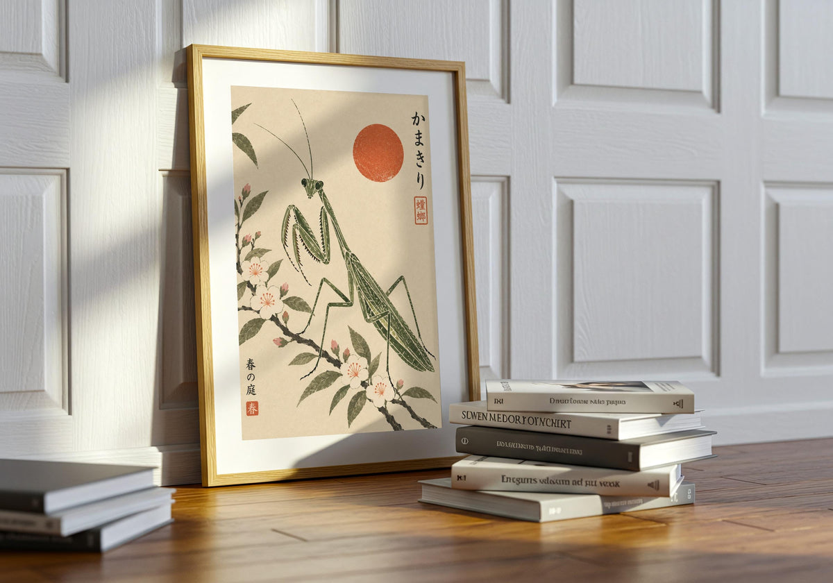 Here, the print of the woodblock-inspired insect picture sits on a table beside stacked books.