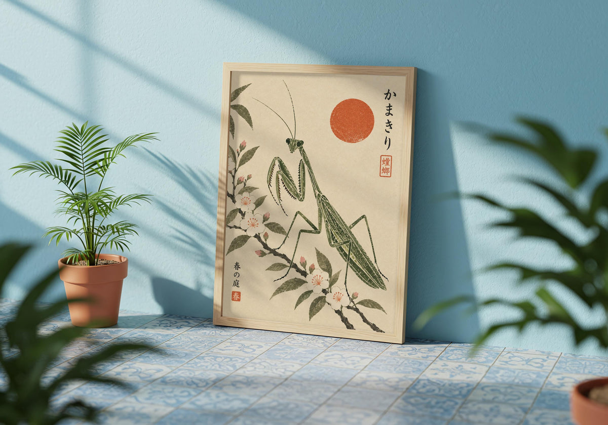 See the blossom-filled garden arrangement in the framed artwork against a blue wall with leafy shadows.