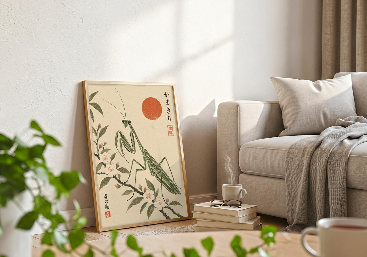 The styling pairs the green insect against a pale background with a frame beside a pale sofa, books and foreground greenery.