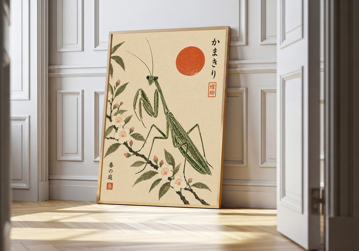 A framed view of the mantis among spring blossoms is displayed at a white doorway.