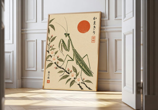 A framed view of the mantis among spring blossoms is displayed at a white doorway.