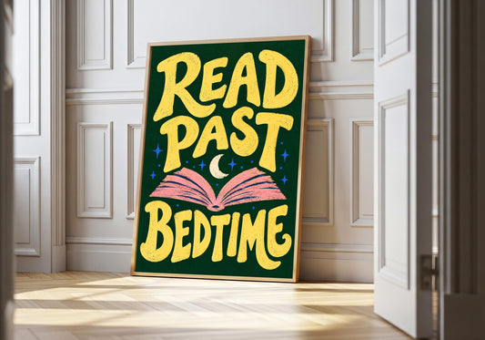 A framed view of the READ PAST BEDTIME phrase is displayed at a white panelled doorway.