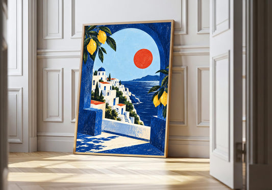 A framed view of the white village inside a blue arch is displayed at a white panelled doorway.