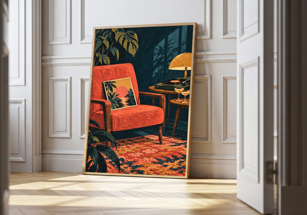 A framed view of the coral chair and record player is displayed at a white panelled doorway.