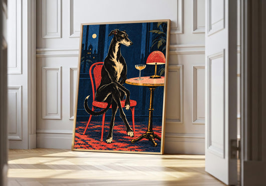 A framed view of the greyhound at a cafe table is displayed at a white panelled doorway.