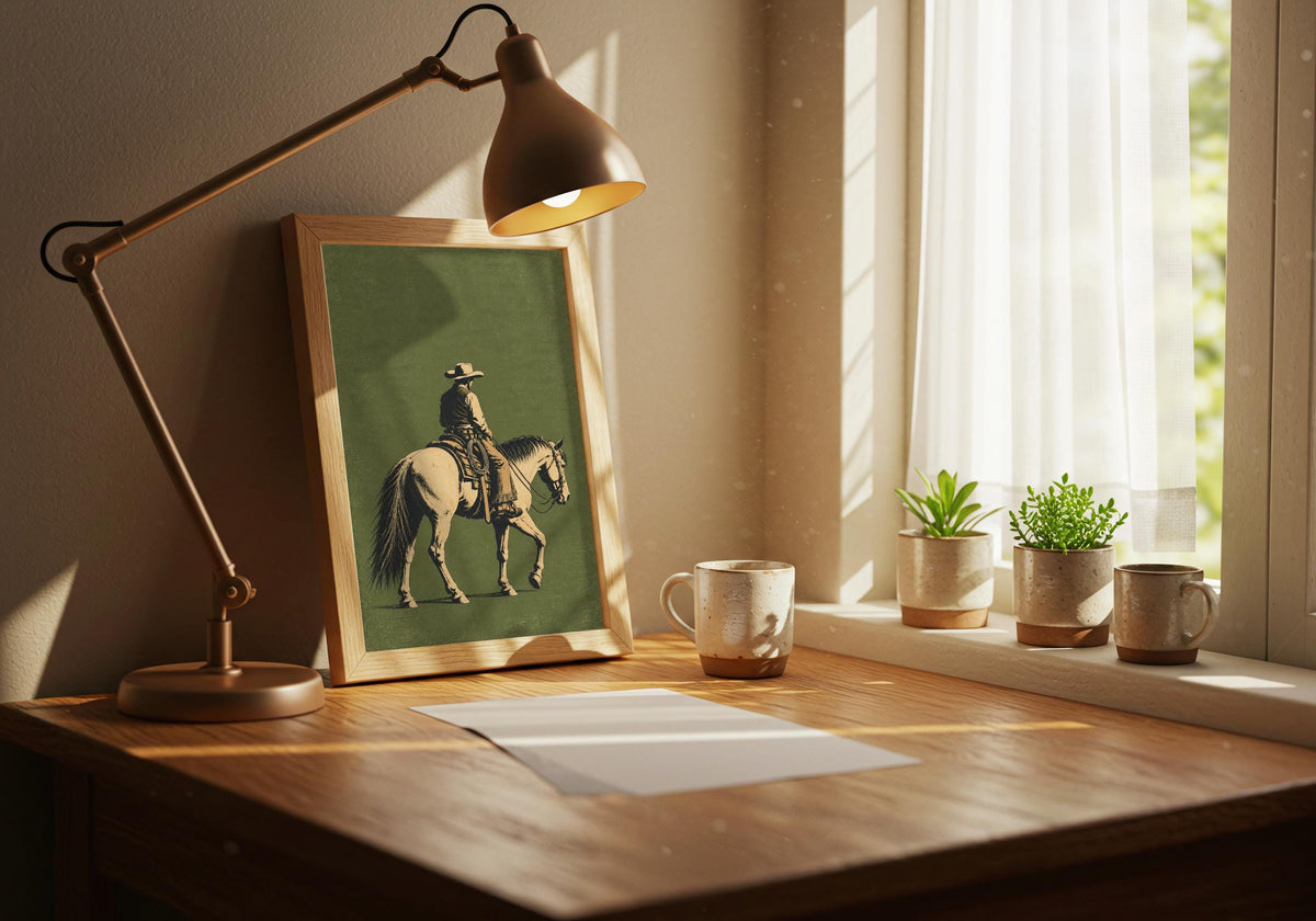 Greenery and furniture surround the framed artwork depicting a lone cowboy riding a pale horse against a textured sage-green field.