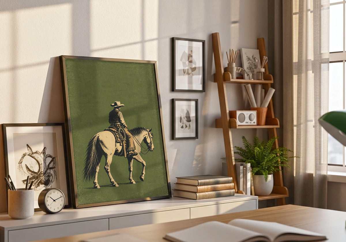 An angled photograph shows how the framed Vintage Cowboy on Horseback artwork sits within the horseback 06 natural frame greenery scene.