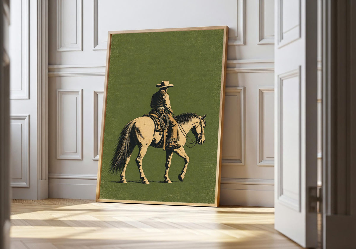 Framed in this horseback 01 hero light wood interior, a lone cowboy riding a pale horse against a textured sage-green field remains clearly visible.