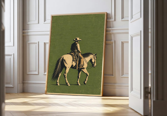Framed in this horseback 01 hero light wood interior, a lone cowboy riding a pale horse against a textured sage-green field remains clearly visible.