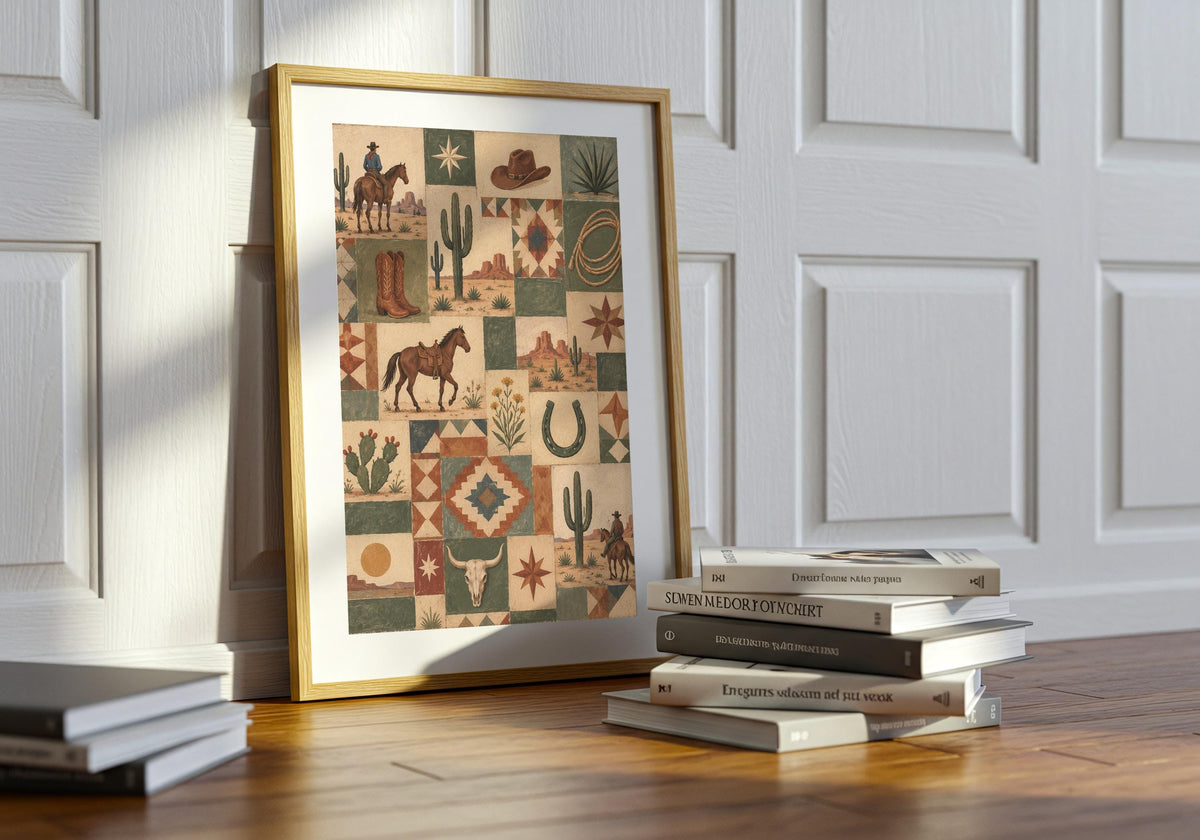 A final wide view shows the scale and placement of Vintage Western Quilt Collage in the quilt collage 06 green plant lounge room.