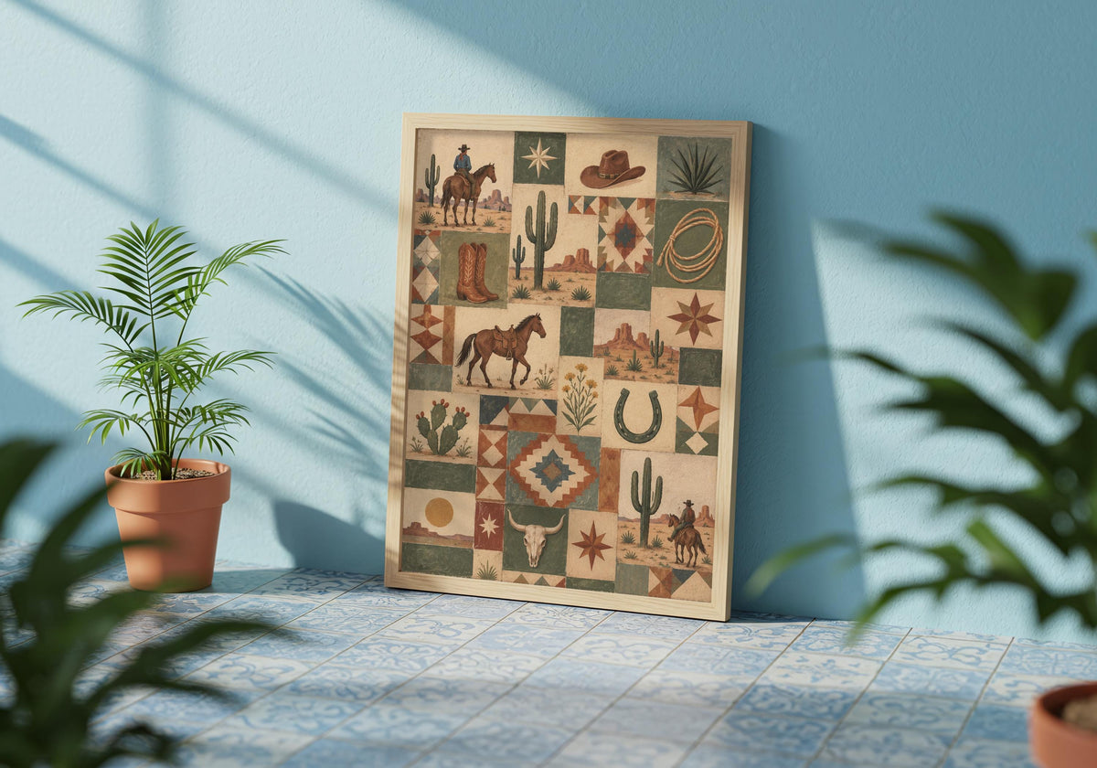 Vintage Western Quilt Collage print in a light wood hero frame, showing a patchwork of cowboys, horses, cacti, boots, rope and quilt-star motifs.
