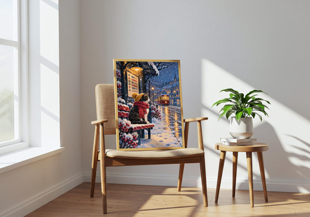This interior composition pairs the snow blue, tram red, mustard and warm lamplight artwork with a contrasting frame and lived-in styling.