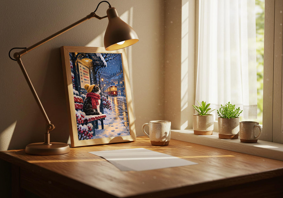 An angled photograph shows how the framed Winter Cat Tram Stop artwork sits within the tram stop v4 03 record corner scene.
