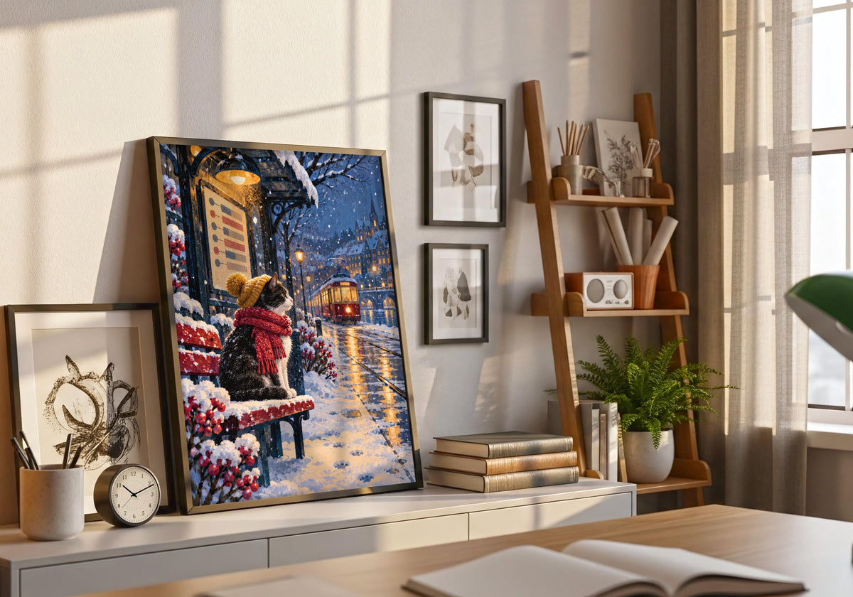 Winter Cat Tram Stop print in a light wood hero frame, showing a realistic tuxedo cat in a knitted hat and scarf waiting beside a snowy tram line.