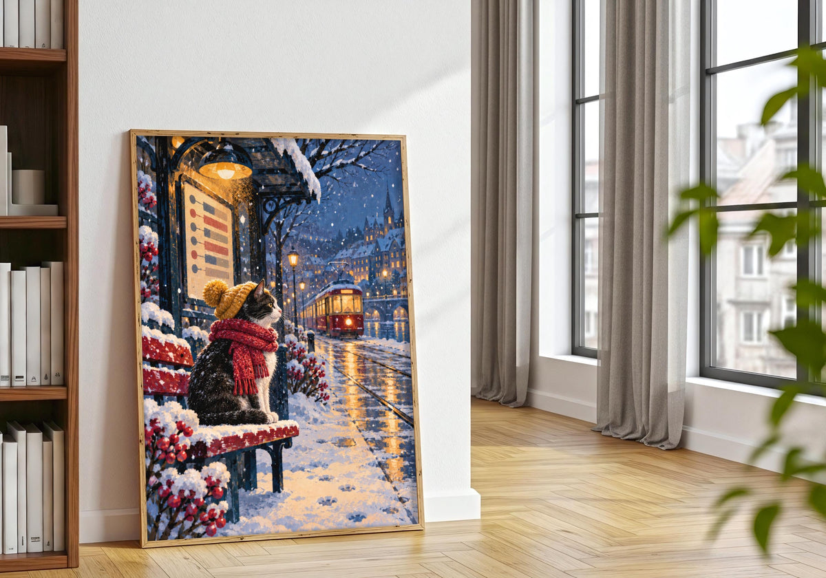 Framed in this tram stop v4 08 natural frame plants interior, a realistic tuxedo cat in a knitted hat and scarf waiting beside a snowy tram line remains clearly visible.