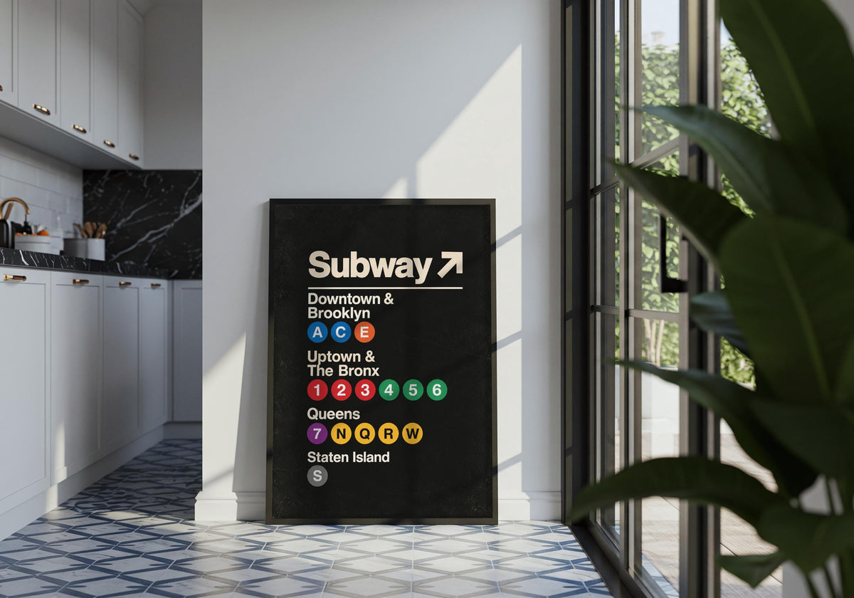 A wayfinding poster 09 living room view presents the Vintage Subway Wayfinding Poster artwork as the room's main focal point.