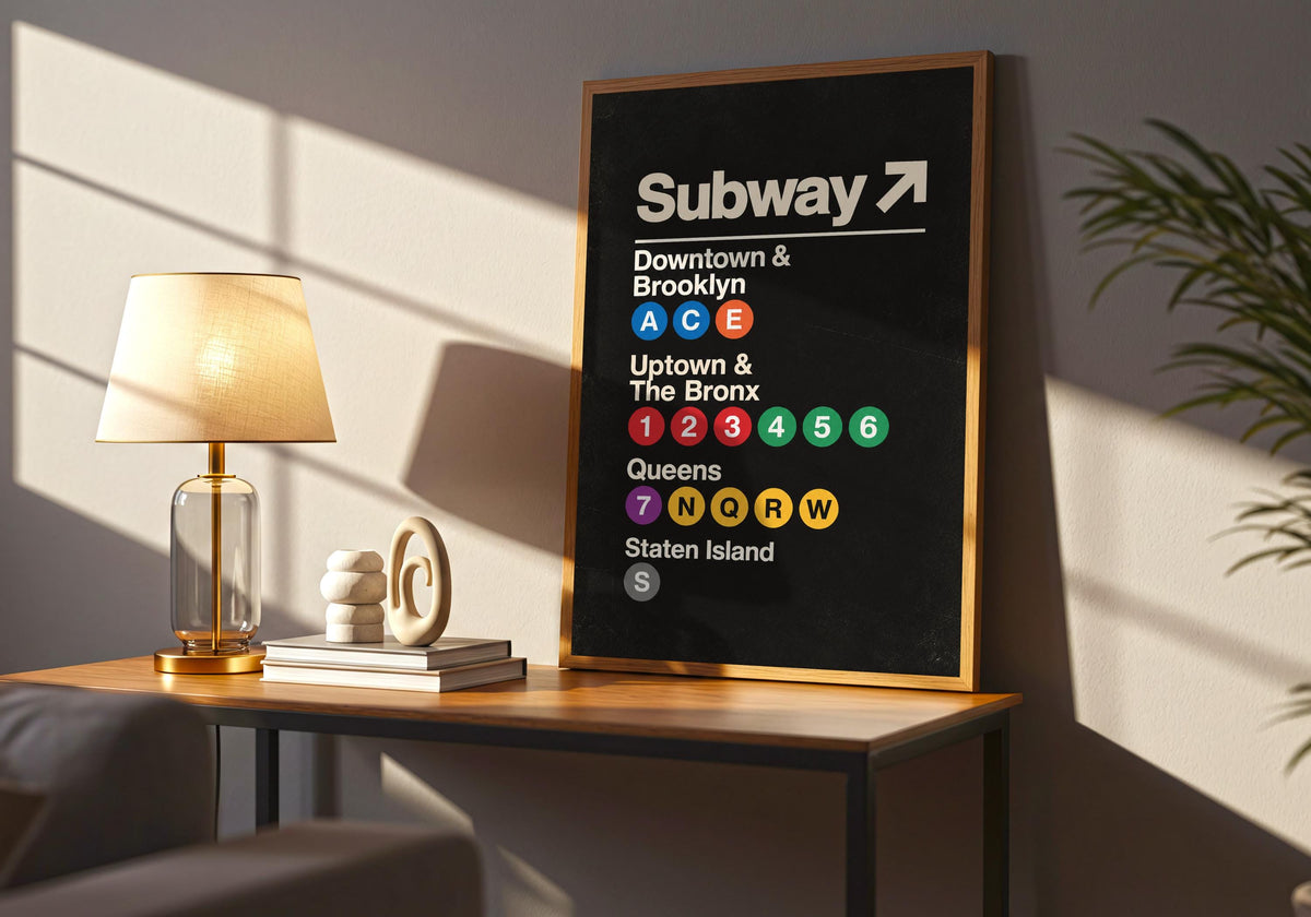 Framed in this wayfinding poster 10 sideboard room interior, bold cream New York subway directions and coloured route circles on black remains clearly visible.