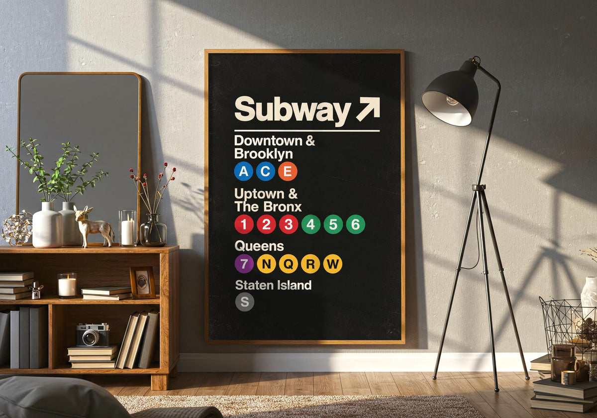An angled photograph shows how the framed Vintage Subway Wayfinding Poster artwork sits within the wayfinding poster 05 sofa detail scene.