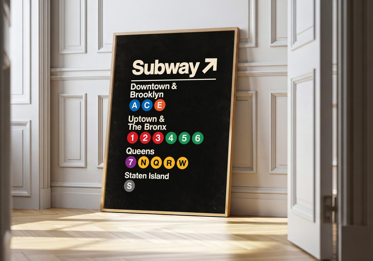 The Vintage Subway Wayfinding Poster wall print is photographed from a wider angle in a wayfinding poster 01 hero light wood setting.