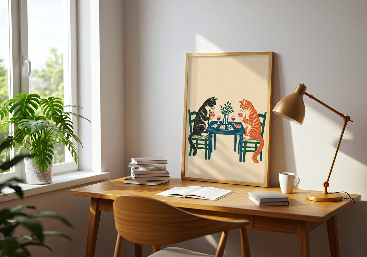 The Tuxedo and Tabby Card Game wall print is photographed from a wider angle in a card game 03 sideboard room setting.