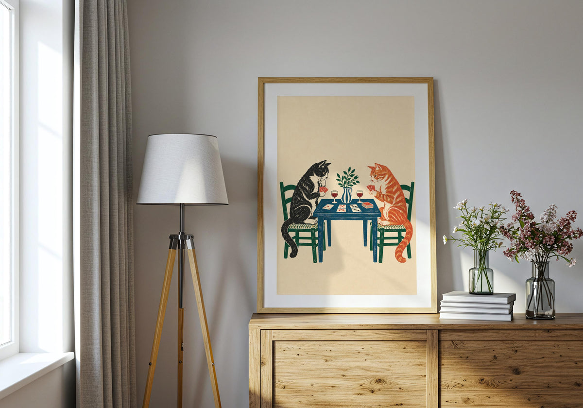 Framed in this card game 02 console room interior, a tuxedo cat and ginger tabby playing cards over wine at a blue table remains clearly visible.