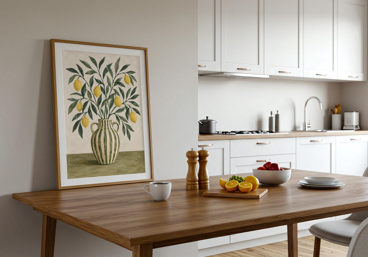 Greenery and furniture surround the framed artwork depicting sunny lemon branches arranged in a green-striped handled jug.