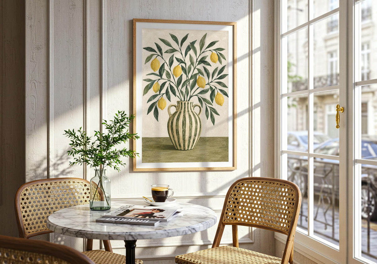 Framed in this lemon branches 03 dining console interior, sunny lemon branches arranged in a green-striped handled jug remains clearly visible.