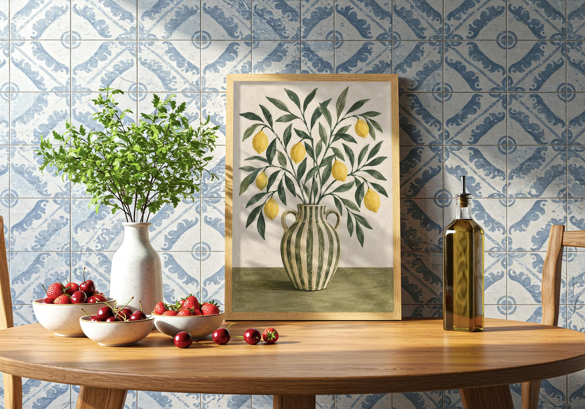 A lemon branches 02 tiled kitchen view presents the Striped Jug with Lemon Branches artwork as the room's main focal point.