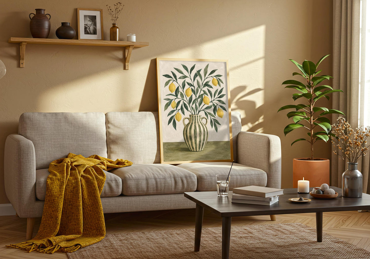 Seen above the room furniture, the portrait-format Striped Jug with Lemon Branches print adds a distinct vertical accent.