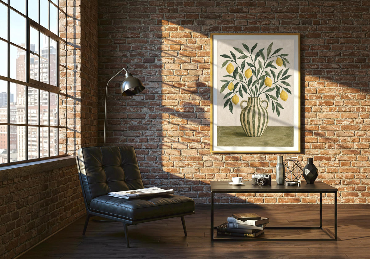 Close room styling highlights the lemon yellow, forest green, olive and chalky cream palette of the Striped Jug with Lemon Branches design.